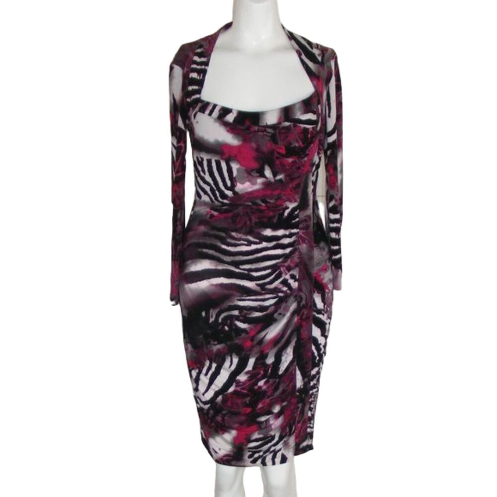 CACHE Dress, 6, Ruched, Long sleeve, Partial Zebra Stripes, Multicolor, Clingy - Picture 4 of 8